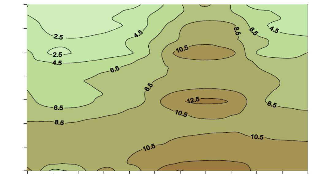isolinhas para a superfície, com concentrações médias a variar entre,5 e 12,5 μmol L -1. A distribuição vertical mostra a nutriclina melhor definida na Estação Quente.