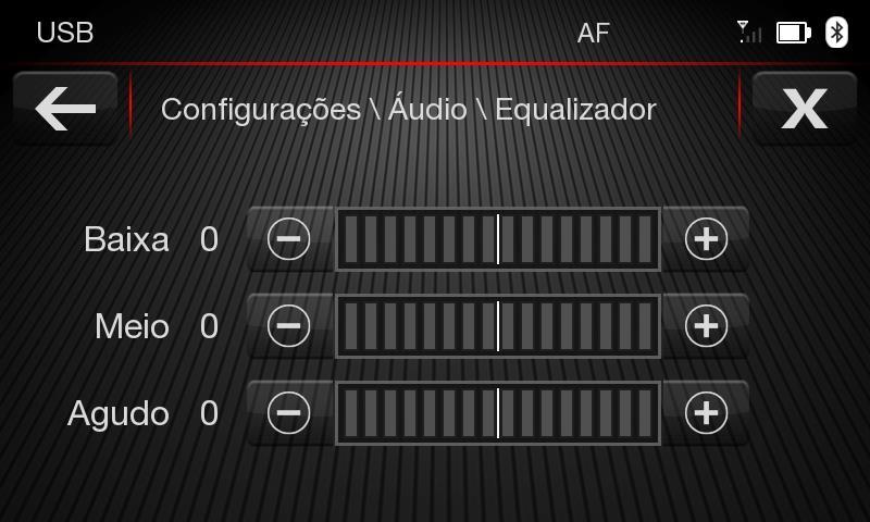 Equalizador Selecione Equalizador no visor para ajustar os tons graves, médios e agudos. Use os botões + ou - para realizar as configurações desejadas.