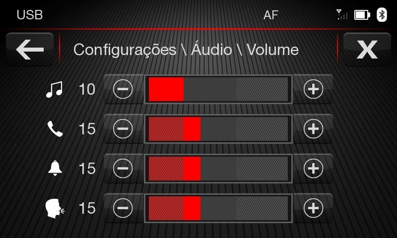 Volume Pressione o botão Volume para entrar na interface de configurações de volume e ajustar o volume de multimídia (música e rádio), telefone, toque e fala.