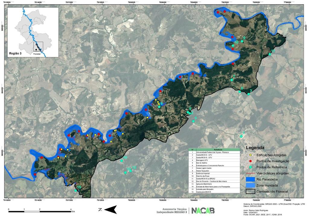 Figura 5: Mapa da zona inundável e edificações atingidas pelas cheias