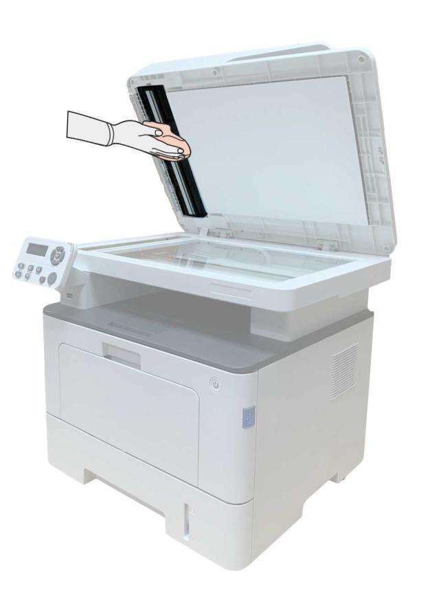 2. Levante a tampa do scanner e gentilmente limpe a placa de vidro e o alimentador de documentos duplex automático CIS (D-CIS) com um pano macio. 3.