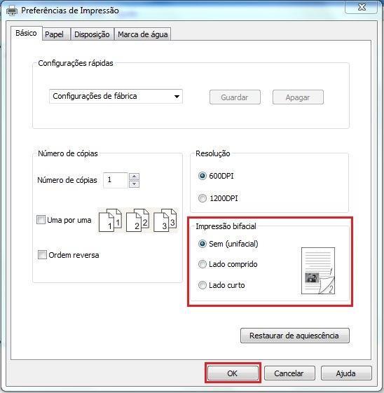 5. Selecione a "Impressão frente e verso" no cartão de opção "Básica",