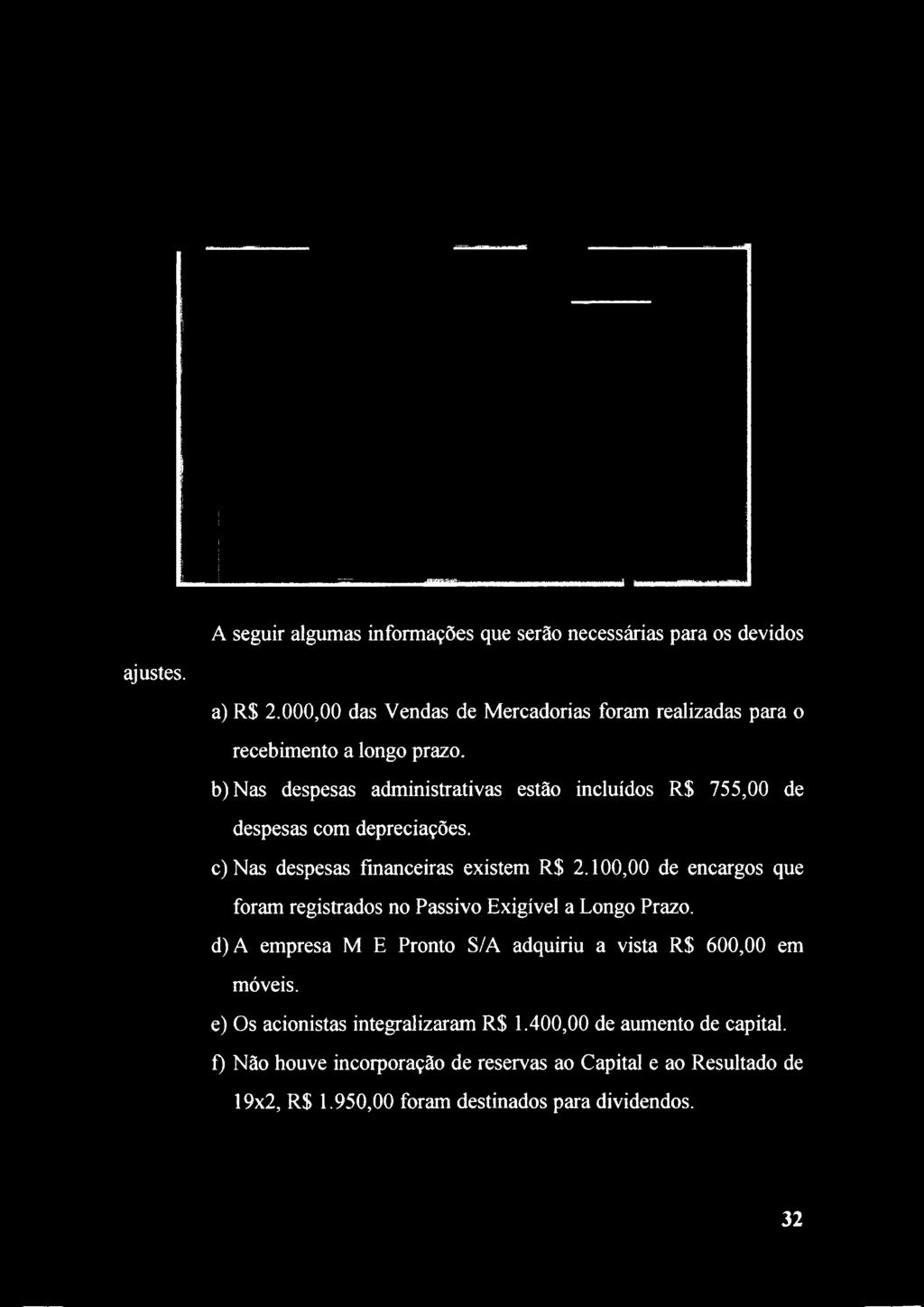 b) Nas despesas administrativas estão incluídos R$ 755,00 de despesas com depreciações.