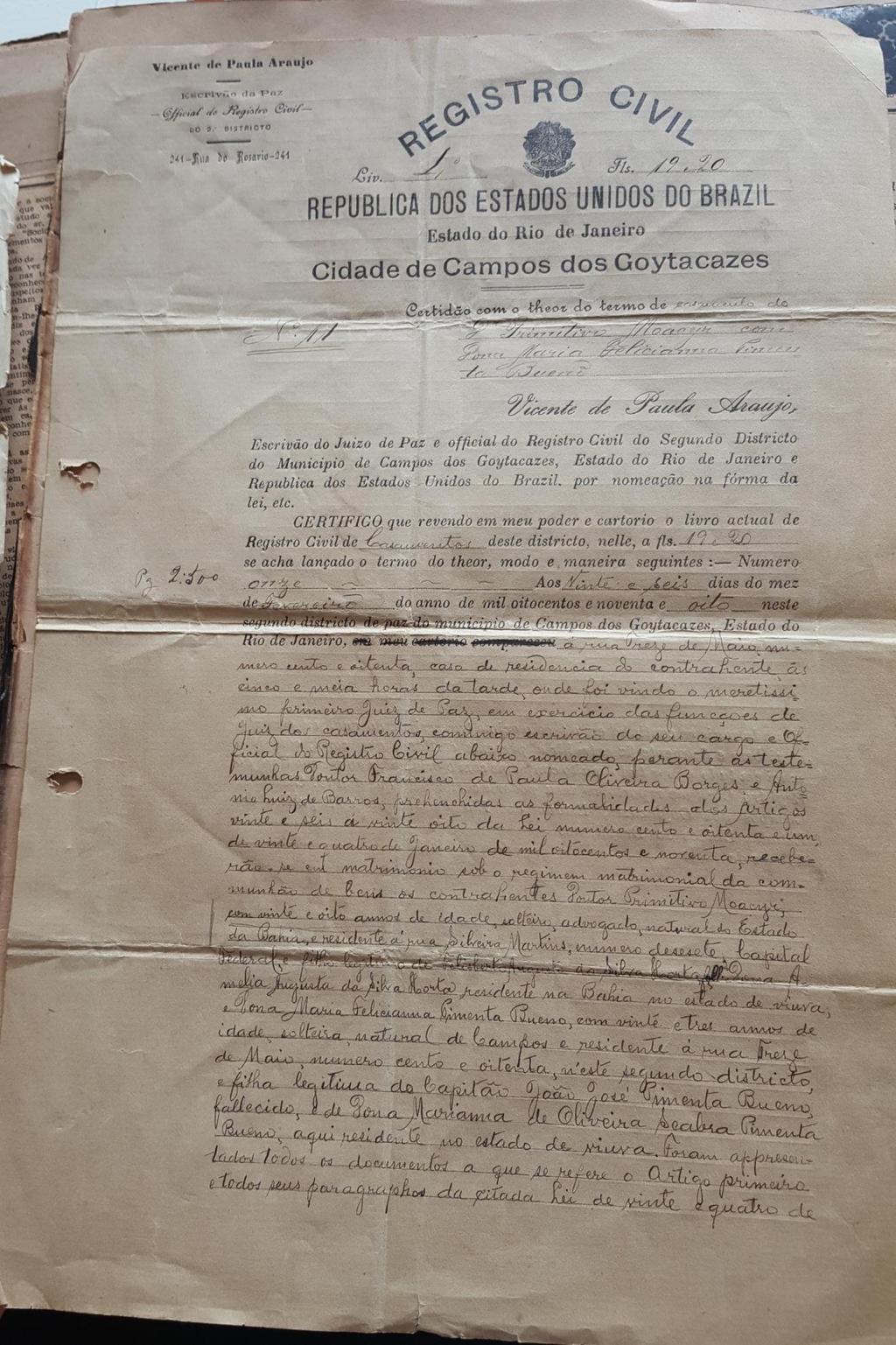 90 ANEXO Documentos Certidão de Casamento (frente) de Primitivo Moacyr