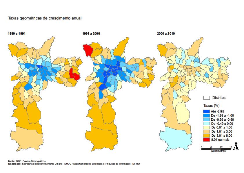 180 Mapa 5 Cidade de São Paulo e seus distritos por taxas de crescimento populacional Fonte: IBGE, Censo Demográfico, elaborado pela Secretaria de Desenvolvimento Urbano da Cidade de São Paulo (2010).