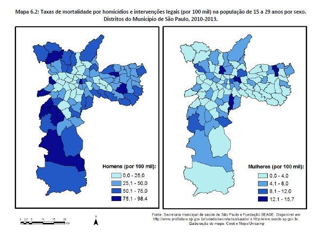 186 Mapa 8 Taxa de mortalidade por homicídios e intervenções legais (por 100 mil) na população de 15 a 29 anos por sexo.