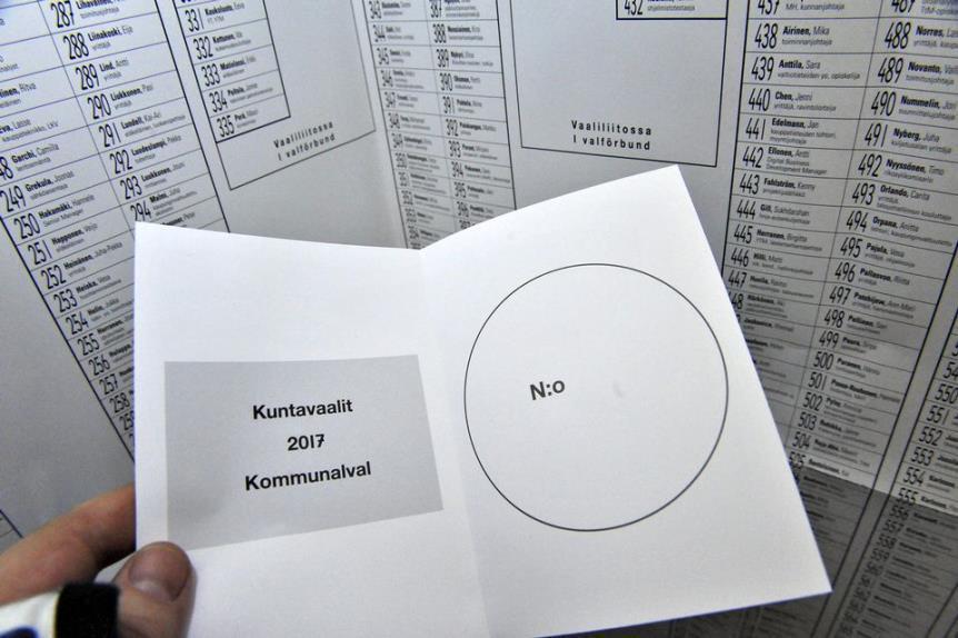 Finlândia: Boletim de Voto de Eleição Municipal (2017) Descrição da imagem: Pequeno boletim de voto em papel dobrado ao meio. Na metade esquerda, é indicado o nome da eleição.