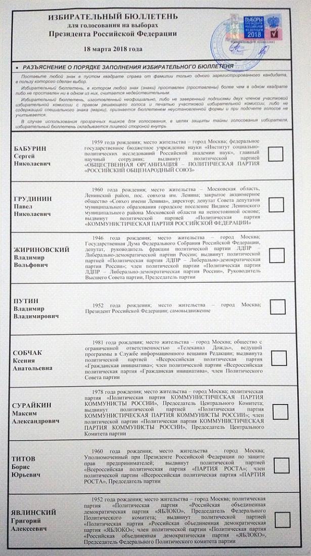 Rússia: Boletim de Voto de Eleição Presidencial (2018) Descrição da Imagem: Boletim de voto em papel com oito linhas, uma para cada candidato.