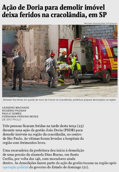 145 Vulnerabilidade(s) e Ação Pública Figura 7: Reportagem jornalística da Folha de S. Paulo anunciando a demolição dos imóveis Fonte: Machado et al. (2017).