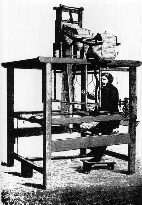 Figura 23: Tear de Jacquard É importante fazer uma menção a Joseph-Mariae Jacquard (1752-1834), um francês que produziu uma máquina para substituir o trabalho humano.