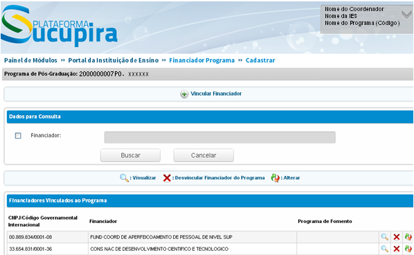 II. Vincular Financiador ao PPG Clique aqui para vincular um novo financiador