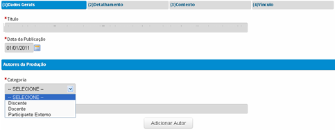 Aba (1) Dados Gerais São registrados os dados comuns a qualquer natureza e tipo de produção intelectual: o nome dos autores e a denominação da produção. Atenção!