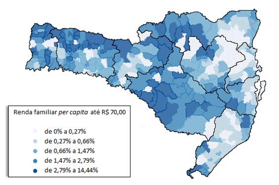 Índice de Gini Figura 6 - Mapa de extrema pobreza e desigualdade dos municípios catarinenses, em 2010 Fonte: Resultados elaborados pelo SEBRAE/SC com base nos dados do Censo Demográfico IBGE, 2010. 5.
