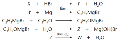 35 (UFF-RJ) A partir de um álcool X, proveniente da cana-de-açúcar, tem-se a seguinte sequência de reações: a) Dê o nome (IUPAC) dos compostos X, Y, Z e W.