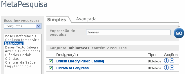 Conjuntos Categorias Pesquisar Novos recursos. Seleccionando a opção de conjuntos, aparece a lista dos conjuntos criados.