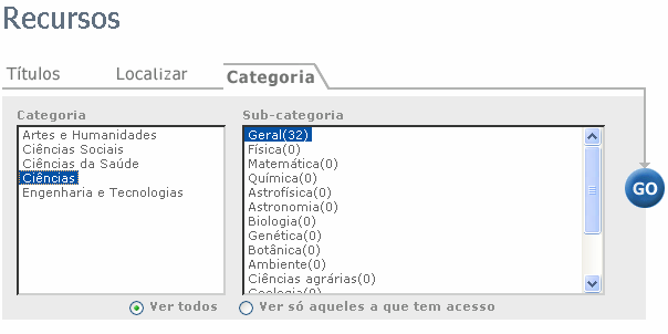 Figura 40 - Recursos, resultados da pesquisa O separador Categoria, permite localizar recursos através da classificação da categoria e sub-categoria.
