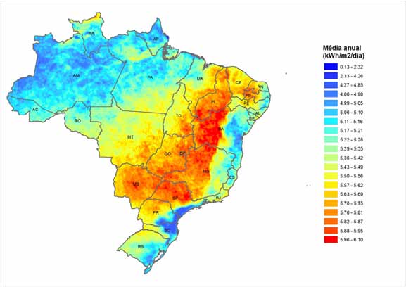 Fig. 2.1 Irradiação total em plano cuja inclinação é igual a latitude do local. Mapa elaborado pela PSR com dados do projeto SWERA. Fonte: brazil_solar_tilted_10km.shp.