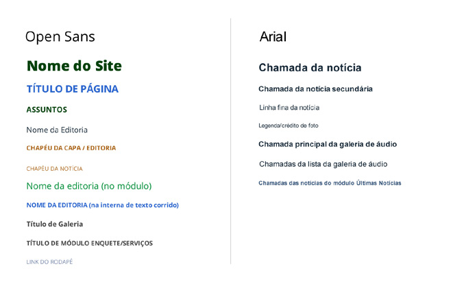 Diretrizes de Linguagem Tipografia Tipografia usos específicos Em geral, a fonte Open Sans é utilizada em títulos de páginas, títulos de módulos e links de navegação - itens de menu, links do