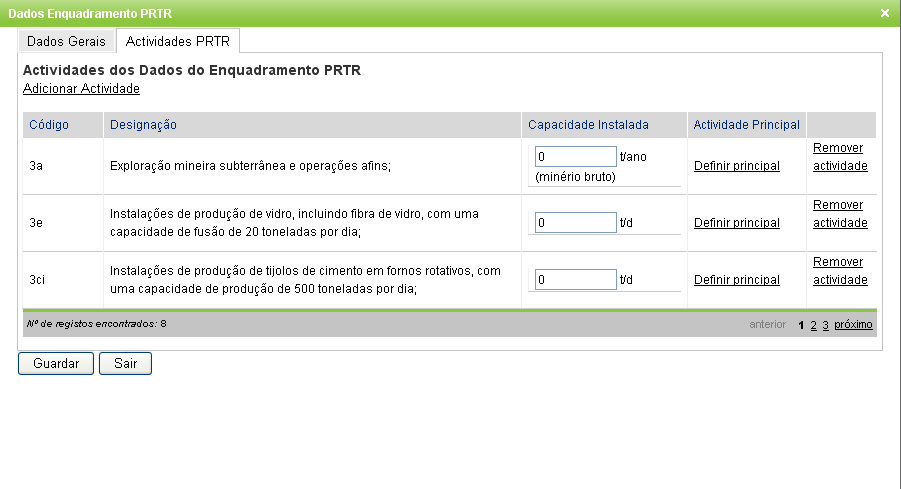 Imagem 7: Dados do Enquadramento PRTR (Atividades) - Visão utilizador externo A informação