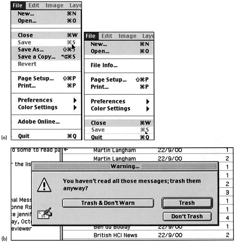 38 DESIGN DE INTERAÇÃO Figura 1.6 (a) Um menu seguro e um não-seguro. Qual é qual e por quê? (b) Mensagem de aviso do Eudora.