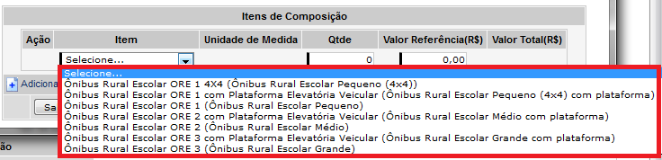 7.1. Inserir item de composição Ao clicar em Editar / Inserir Item de Composição, abre-se a tela com as opções de itens.