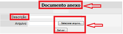 Clicando-se em abre-se a janela: Figura 12/Anexo VIII Tela para anexar documento No campo Descrição coloca-se o nome do arquivo. Em escolhe-se o arquivo a ser anexado e clica-se em.