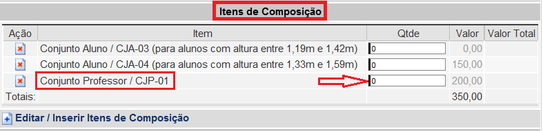 Figura 8 Informar Quantidade para o Conjunto Aluno / CJA-04 Figura 9 Quantidade para o Conjunto Professor / CJP-01 por escola Preenchidas as quantidades para cada escola, clica-se no ícone Salvar.