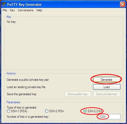 2 de 7 Certifique-se de que o campo Number of bits in a generated key contenha o valor 1024. Escolha a opção SSH-2 DSA e clique no botão Generate.