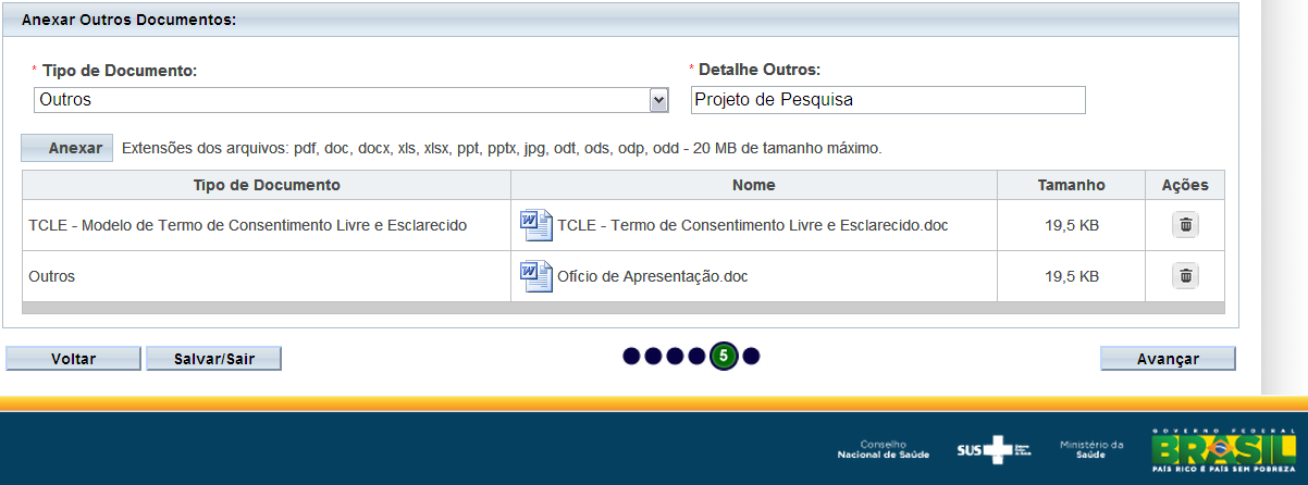 documento original em formato *.doc, *.docx ou *.pdf na 5ª etapa de preenchimento da submissão do protocolo.