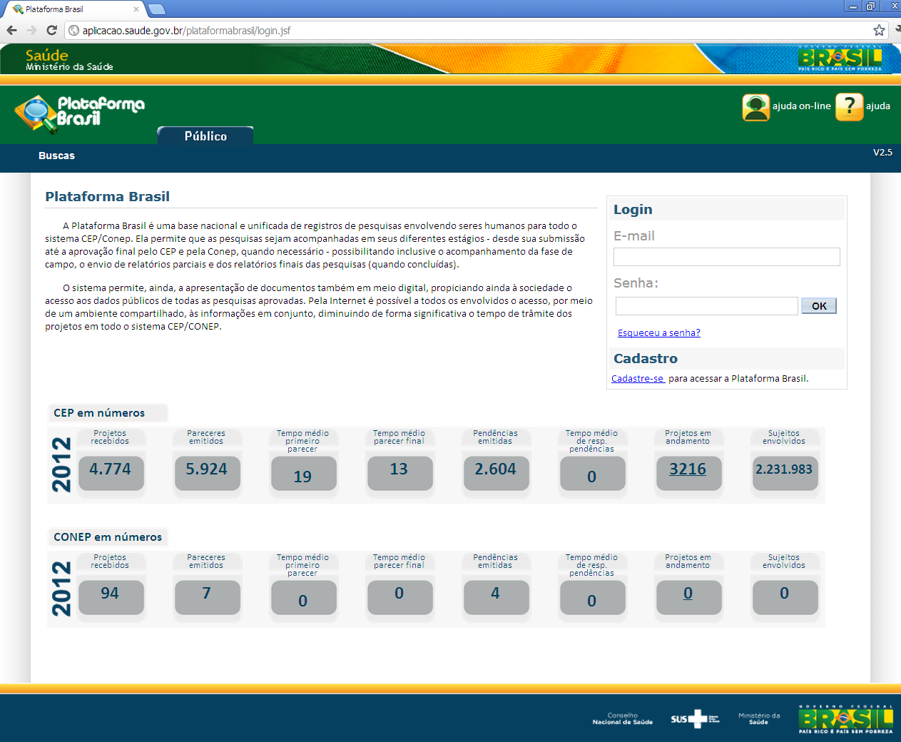 4 DO CADASTRO DO PESQUISADOR 1) Acessar a página do sistema PLATAFORMA BRASIL, a saber, http://aplicacao.saude.gov.br/plataformabrasil/login.