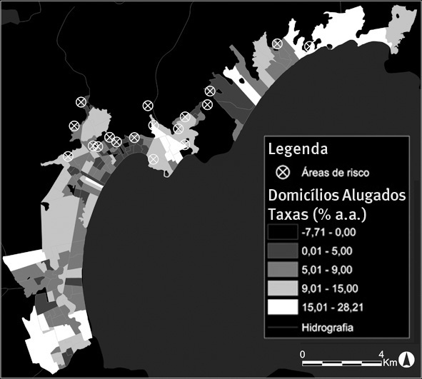 FIGURA 3 Taxas de crescimento da população, dos domicílios cedidos, alugados e próprios Município de Caraguatatuba 2000/2010 Fonte: Censos Demográficos 2000 e 2010 e de Unesp (2006).