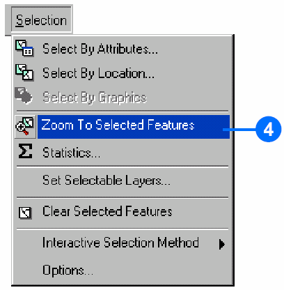 4. Antes de escalonar as características selecionadas, você deve aplicar um zoom sobre as características selecionadas. No menu Selection, clique sobre a opção Zoom To Selected Features. 5.