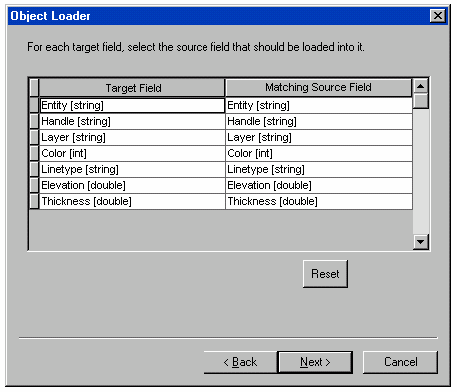 Equiparando os campos de origem e campos designados O próximo passo do assistente Object Loader será equiparar os campos CAD aos campos da