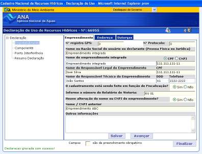 3.3 PREENCHIMENTO DA TELA EMPREENDIMENTO A caracterização administrativa do empreendimento visa identificar o usuário de água.