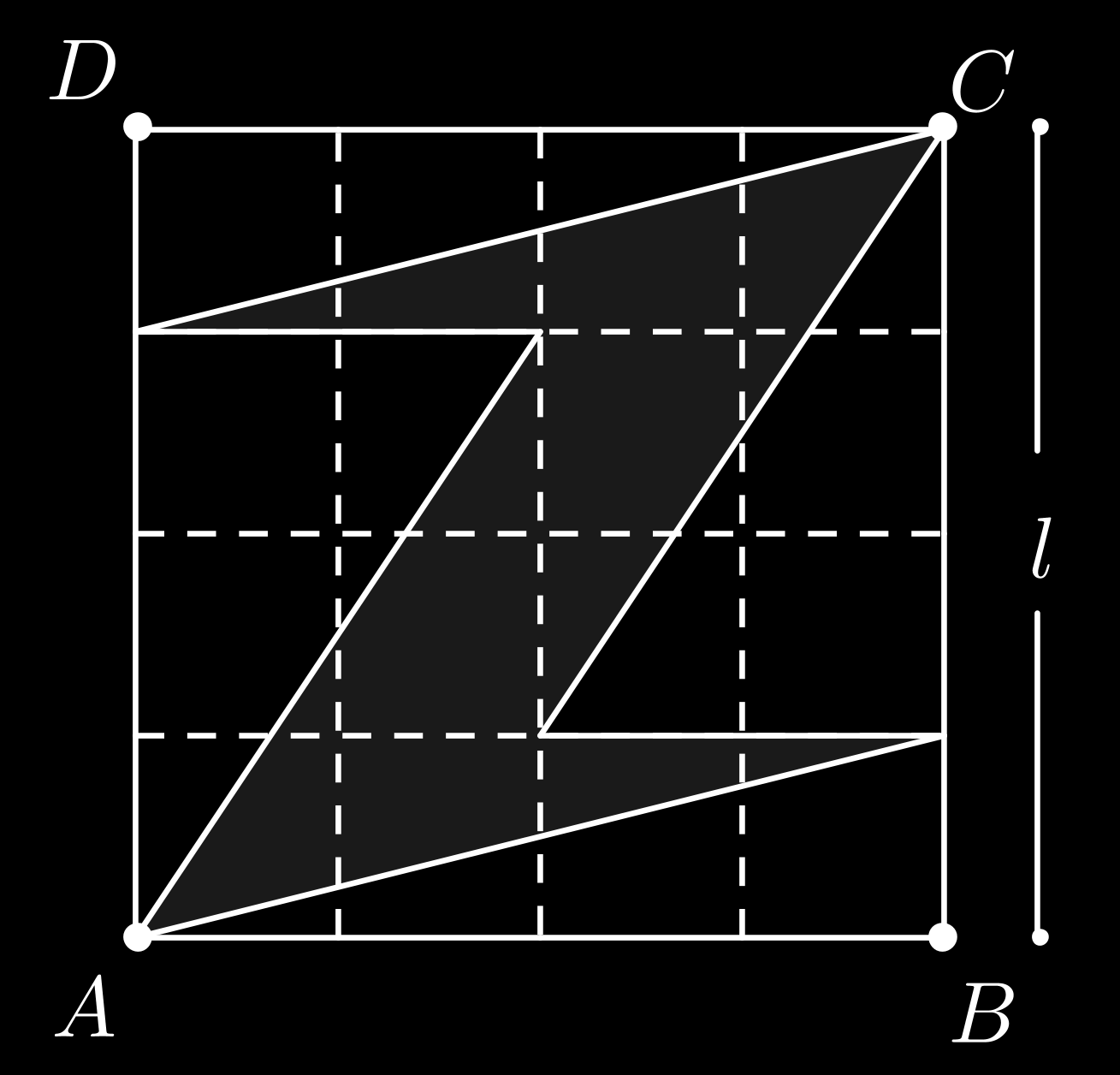 8. Na figura abaixo, cada lado do quadrado ABCD foi dividido em quatro partes de mesma medida. Determine a área da região destacada em cinza em função da medida do lado do quadrado ABCD.