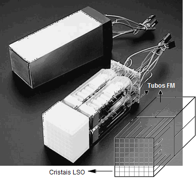 Figura 16: Conjunto de detectores LSO anexados a quatro tubos fotomultiplocadores, bloco de detectores. Exemplo de um bloco de elementos de detectores 8x8, acoplados a 4 fotomultiplicadores.