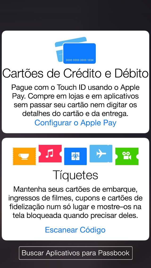 Adicionar um cartão de crédito ou de débito: Puxe a pilha de tíquetes para baixo, toque em, toque em Configurar Apple Pay (ou em Adicione Outro Cartão caso já tenha adicionado um cartão de pagamento).