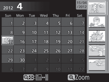 Reprodução de calendário Pressione o botão W (Q) para alternar entre a lista da data das miniaturas para a data selecionada.
