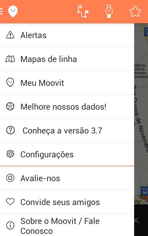 Menu principal Tocando no ícone do mascote do Moovit ( ), você abre o menu principal do aplicativo.