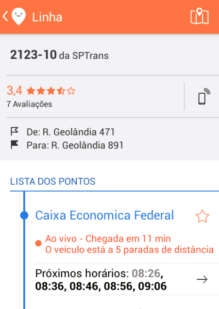 Tela de informações da linha Tocando em uma das linhas na tela do ponto de parada, é exibida a tela com informações sobre a linha selecionada.