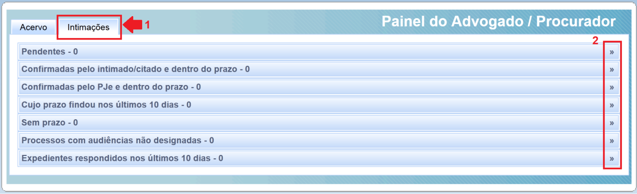 abaixo; seta 1), a listagem das intimações disponíveis aparecerá.