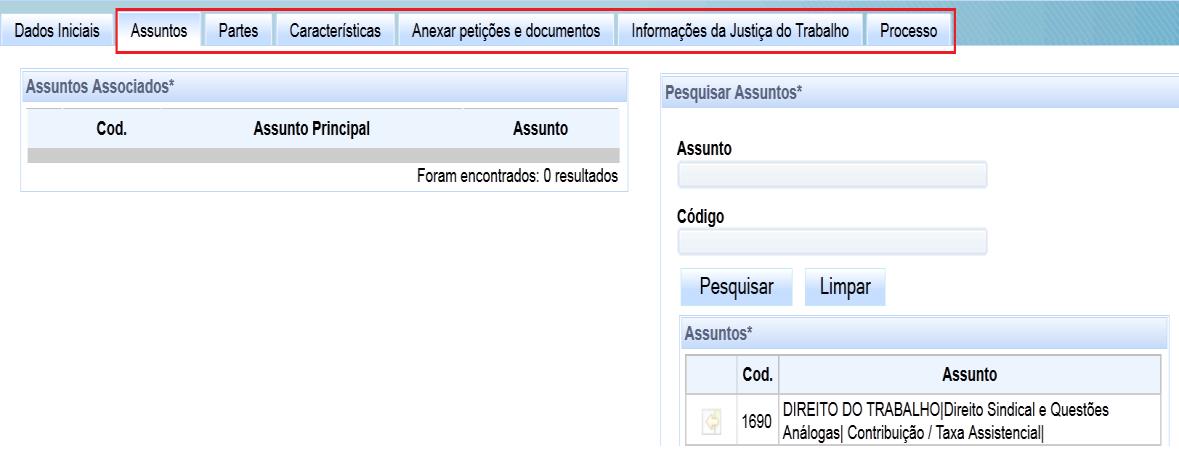 Consulte o item e.1) Cadastrando petições iniciais em 1ª instância, a partir do tema Assuntos, pois o procedimento a ser efetuado, a partir de então, é similar.