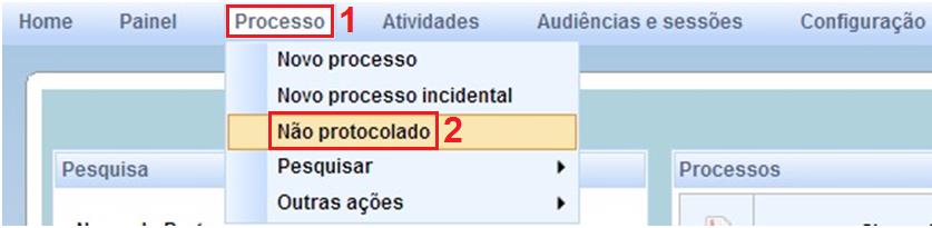 Para acessar um processo que começou a ser cadastrado e ainda não foi protocolado, acesse o sistema (letra c ) e, na barra de menu superior, clique em