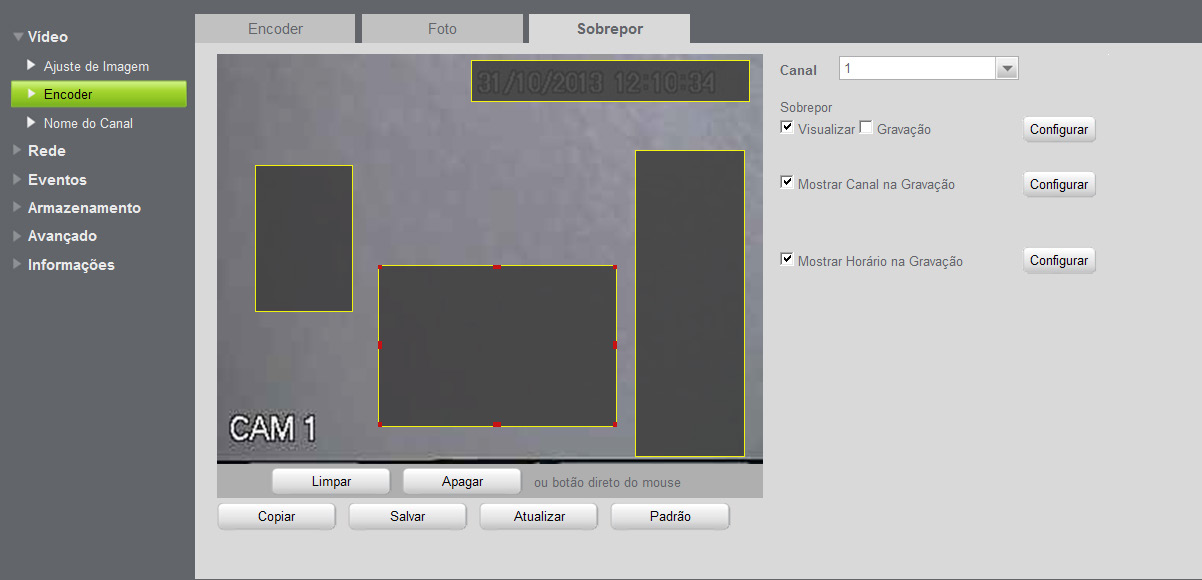 Sobrepor A tela Sobrepor será exibida conforme a figura a seguir: Sobrepor A linha de DVRs Intelbras possui a opção de mascaramento de área que permite inserir até 4 máscaras por canal para o modo de
