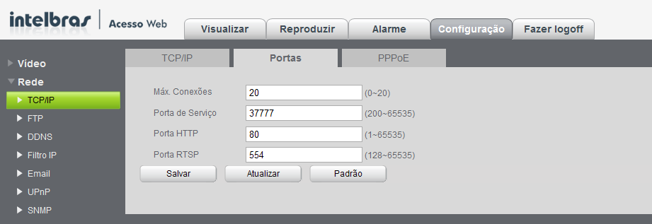 Portas A tela Portas será exibida conforme a figura a seguir: Portas Máx. conexões: 20 conexões, este número refere-se a quantidade de usuários que podem se logar simultaneamente no sistema.