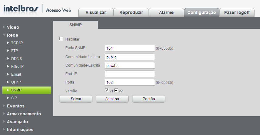 SNMP A tela SNMP será exibida conforme a figura a seguir: SNMP Porta SNMP: insira a porta utilizada pelo seu servidor SMNP.