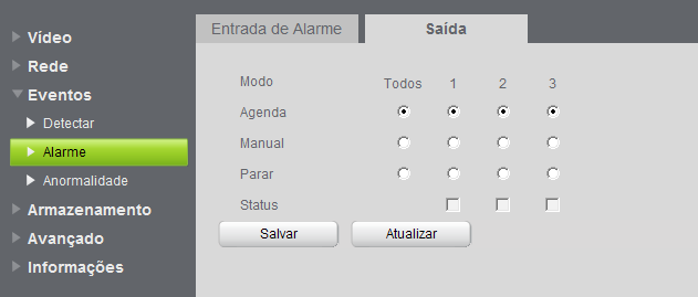 Saída de alarme Possibilita habilitar as saídas de alarme do DVR.