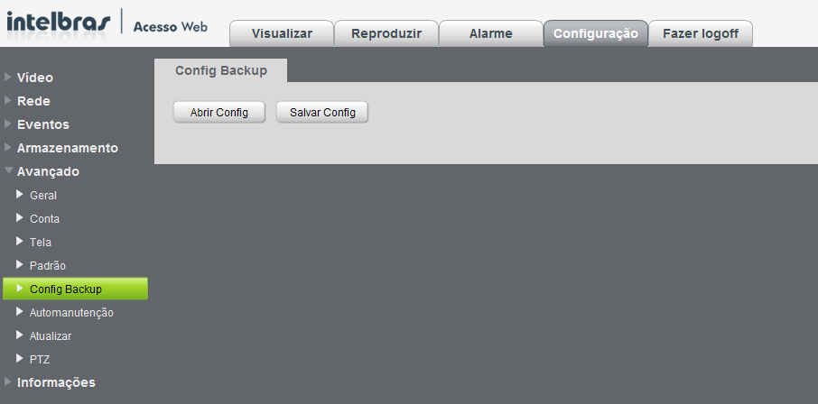 Config backup Utilize esta seção para criar um backup de todas as configurações do dispositivo. Verifique a figura a seguir: Config backup Abrir config.