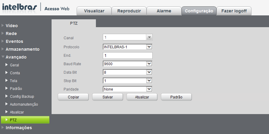 PTZ A tela PTZ será exibida conforme a figura a seguir: Configure a câmera PTZ no sistema com os seguintes itens: PTZ Canal: selecione o canal que deseja realizar a configuração.