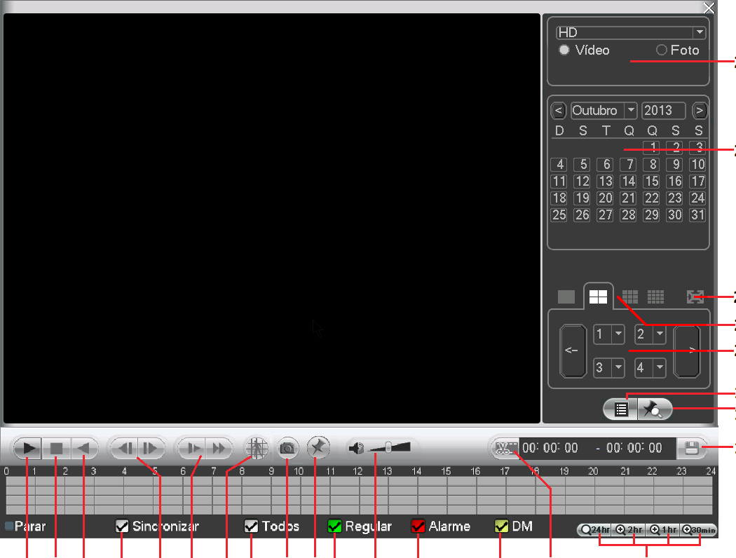 24 23 22 21 20 19 18 17 1 2 3 4 5 6 7 8 9 10 11 12 13 14 15 16 1. Reproduzir 2. Parar 3. Voltar 4. Sincronizar 5. Quadro anterior / Próximo quadro 6. Avançar lento / Avançar rápido 7.